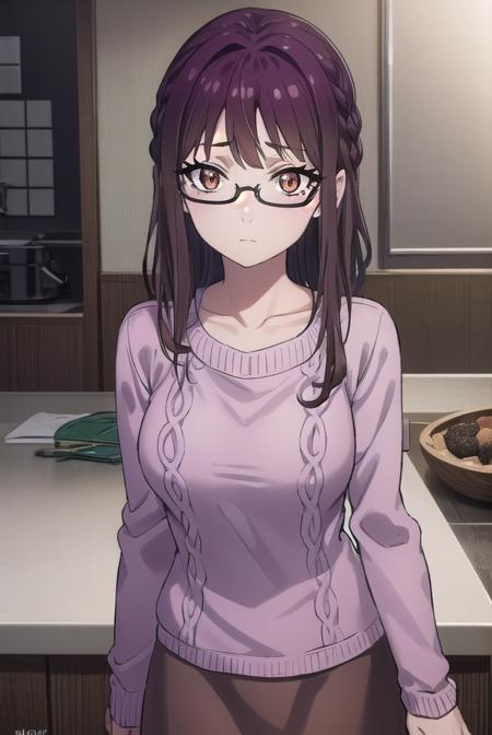 sumikafujimiya, <lora:sumika fujimiya s1-lora-nochekaiser:1>,
sumika fujimiya, (brown eyes:1.5), purple hair, braid, glasses, semi-rimless eyewear, under-rim eyewear,
BREAK sweater, long sleeves, collarbone, skirt, purple skirt,
BREAK indoors,
BREAK looking at viewer, (cowboy shot:1.5),
BREAK <lyco:GoodHands-beta2:1>, (masterpiece:1.2), best quality, high resolution, unity 8k wallpaper, (illustration:0.8), (beautiful detailed eyes:1.6), extremely detailed face, perfect lighting, extremely detailed CG, (perfect hands, perfect anatomy),