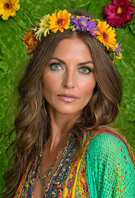 The (((stunning))) model, 40-year-old woman, dressed in vibrant and colorful hippie clothes,green eyes, looks directly at the camera in this hyper-realistic close-up photo. The details are ((intricate)) and ((beautiful)), from the flowers in her hair to the dynamic poses and vibrant background. This photo is a masterpiece created with a Nikon DS 5300 and 300mm lens, showcasing the incredible art of hyperrealism. ((Close-up, stunning, model, swiss 40 years old, woman, Hippie, colorful clothes, camera, vibrant, dynamic, intricate, hyperrealism, masterpiece, flowers. Not deformed body