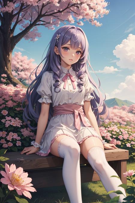 detailed background, superb, 1girl, long hair light purple hair, curly hair, cute, eyelashes, sitting, white dress, pink ribbon around her waist, pink flats, white thighhighs, beautiful 8k wallpaper, outdoors, nature, tree, bush, flower, rustic, extremely detailed, intricate