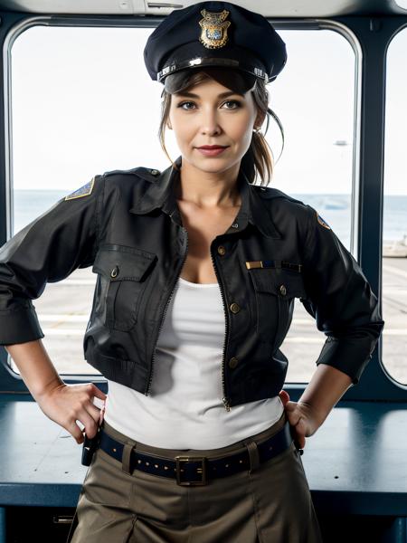 (perfect quality photograph, extremely high resolution, perfect details), sexy milf on aircraft carrier,  <lora:StellaJones:1>, tight long skirt, (tight plain tanktop shirt), shirt tucked in, (officer jacket, military uniform, uniform medals:1.4)