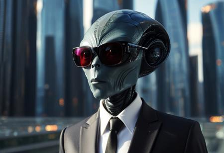 High-resolution portrait of a grey alien with large black eyes, wearing a tailored business suit and black sunglasses. The alien has smooth, reflective skin with a slightly metallic sheen. The suit is dark navy with sharp lapels, a crisp white shirt, and a sleek black tie. The scene is set in a futuristic corporate office with large glass windows overlooking a cyberpunk cityscape. The mood is serious and enigmatic, with dramatic lighting casting soft reflections on the alien's sunglasses. The perspective is a close-up shot, emphasizing the alien's distinctive facial features and confident demeanor. high-resolution, cinematic lighting, soft colors ((4k,8k,Ultra HD)),((Masterpiece :1.2)),((Best quality :1.2)),((Detailed :1.5)),((Detailed background :1.5))