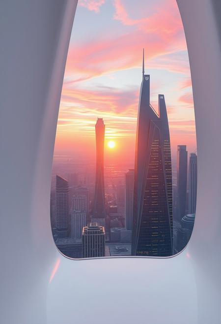 A fleeting sunrise seen through a narrow, frosted slit in the glossy, stark-white composite wall of an ultra-futuristic, dystopian megatower. For a single second, the sun’s radiant, pearlescent-orange rays stream in, casting an otherworldly glow across the pristine, all-white interior filled with pulsating quantum displays, sleek levitating panels, and softly whirring tech nodes. Beyond the slit, a sprawling, hyper-advanced cityscape stretches out with towering, elegantly curved skyscrapers—their smooth, flowing designs resembling liquid glass—and glowing energy grids, all silhouetted against a sky streaked with iridescent pink and lavender hues. The brief sunlight reflects off the polished white surfaces inside, amplifying the contrast between the sterile, high-tech environment and the ephemeral beauty of the sunrise, before shadows return.