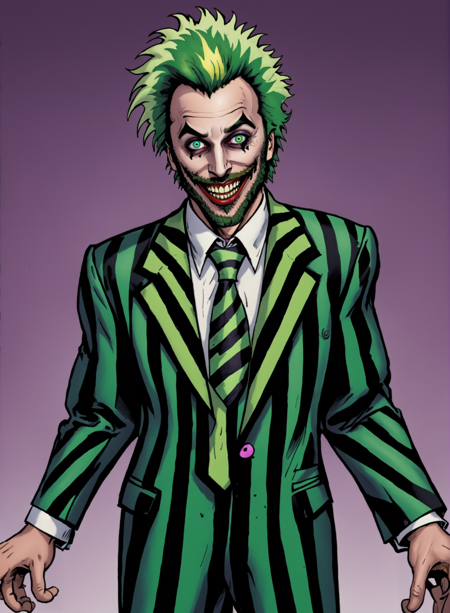 comic book art,1boy, male focus, solo, facial hair, necktie, smile, beard, grin, green hair, heterochromia, formal, looking at viewer, prison clothes, striped suit, suit ,Beetlejuice, Beetlejuice, Beetlejuice, art by ed benes