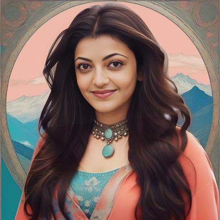 (KajalAgarwal) , photograph, Callous Sakura portly Woman, Economist, Dark hair, [hillside|mountains], Hurricane, Polaroid, 50mm, Simplified style, (Cyan and fluorescent blue:0.7) , art by Alphonse Mucha,art by John William Waterhouse,  <lora:KajalAgarwalSDXL:1>