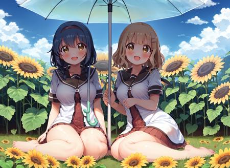 masterpiece, best quality, ultra-detailed, illustration,  <lora:furutani_himawari-v14:0.9>, furutani_himawari, 2girls, :d, barefoot, blonde hair, blue hair, blush, breasts, brown eyes, cloud, collarbone, day, dress, flower, hair ornament, hairband, hairclip, holding, holding umbrella, large breasts, looking at viewer, multiple girls, nanamori school uniform, oomuro_sakurako, open mouth, sailor dress, school uniform, serafuku, shared umbrella, sitting, sky, smile, sunflower, umbrella, water drop, takahero, low twin braids, medium hair