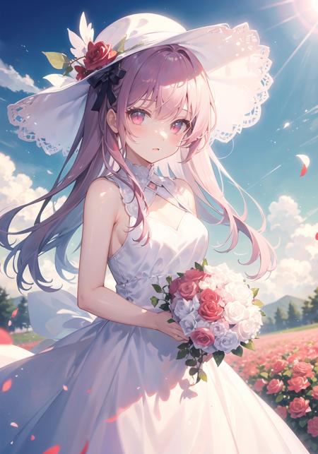 08555-4159162452-((masterpiece, best quality)), 1girl, flower, solo, dress, holding, sky, cloud, hat, outdoors, bangs, bouquet, rose, expressionl.png