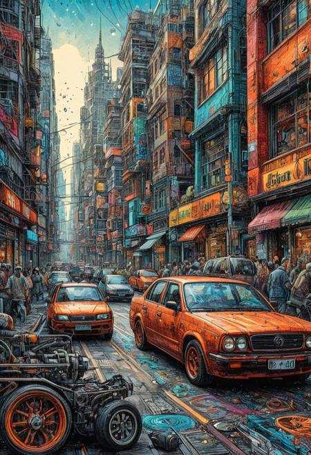 An epic, ink art, line art  painting of Busy Street in modern city ,the city exists in a parallel universe in which wheels didn't yet invented(((sharp focus))), (hyperdetailed:1.3), (intricate details:1.2), (Refined details:1.3), (best quality:1.5), highly detailed textures, vibrant colours, (ultra sharp focus:1.8)