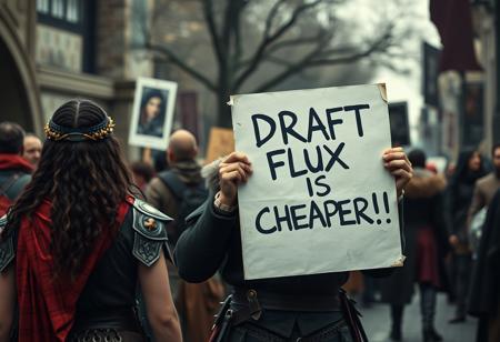 A photograph of HAPPY  Yennefer of vengerberg protesting with a poster in his hands that says "DRAFT FLUX IS CHEAPER !!", (dark age soldier), stand in the foreground with their backs to the viewer, realistic. (Masterpiece, old photography)