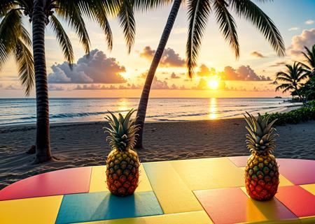 a photo of a pineapple over a yellow plastic table on a tropical resort beach at sunset, high quality, best quality, masterpiece, hd