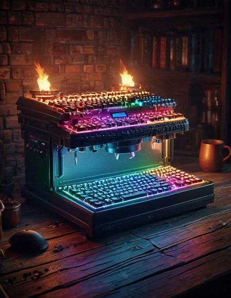 rgb keyboard, warm lighting, firelight flickering in the background, cozy and slightly mysterious atmosphere, the RGB keyboard adding a technological touch, rich textures, low-key lighting <lora:RGB_Keyboard_themed:1>