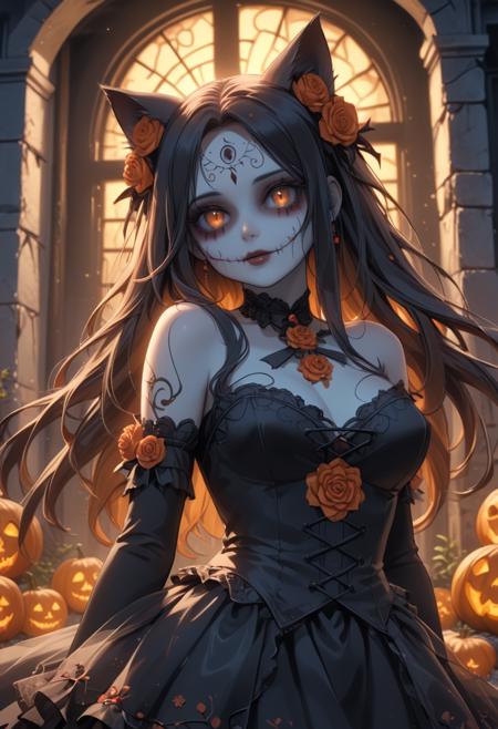 score_9, score_8_up, score_7_up, score_6_up, dynamic, (anime, masterpiece), best quality, (8k), detailed background, sharp focus, intricate, ambient lighting, super high quality, hyper detailed background, cinematic lighting, adult, double tone long hair, mature, Day of the Dead, embedding:zPDXLxxx, spooky, cat ears, dress, posing, abandoned house, addDetailXl.MLUV, Nyaomi<lora:Nyaomi.safetensors:1.0:1.0> <lora:addDetailXl.MLUV.safetensors:1.0:1.0>