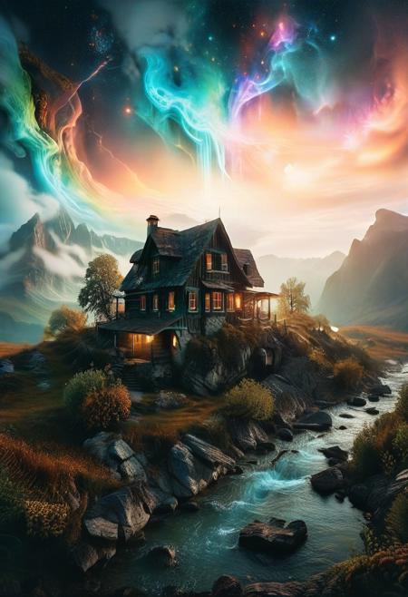 (by Ellen Jewett:1.5), (Bioluminescent Impressionism, The Dreamland), their peaks veiled in mist. mixed media, surrealism, great lighting, A surreal landscape highly detailed . extremely high-resolution details,  appears trapped in an optical illusion of reflections and refractions colorful , mountain cabin, professional photography, natural lighting, volumetric lighting maximalist. intricately detailed, complex, elegant, night, moon, meteor shower, expansive, fantastical, film photography style,  <lora:MJ52:0.3>  <lora:SDXLFaeTastic2400:0.4>  <lora:EpicF4nta5yXL:0.7>.ethereal landscapes, depth of field, biotech emotion:1.3) <lora:xl_more_art-full_v1:0.5> <lora:add-detail-xl:1> <lora:RMSDXL_Creative:2>, GhostlyStyle