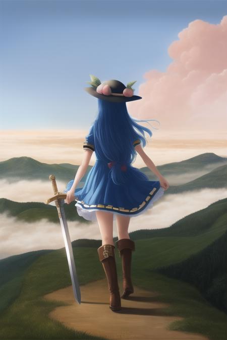 amb, 1girl, above clouds, blue hair, boots, cloud, cloudy sky, day, dress, fine art parody, floating hair, food, from behind, fruit, full body, hat, knee boots, layered dress, leaf, long hair, mountain, outdoors, parody, peach, short sleeves, sky, solo, standing, sword of hisou, very long hair, wind, hinanawi tenshi, wanderer above the sea of fog