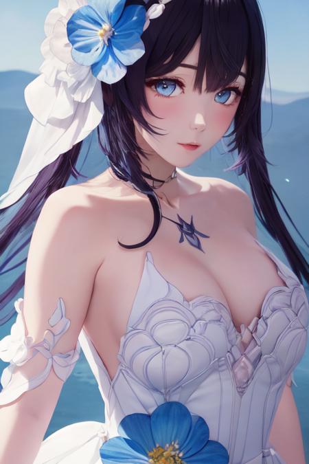 illustration, ultra-detailed, best quality, masterpiece, beautiful detailed sky, standing,1girl,(seele), 1girl, solo, hair ornament, white background, dress, looking at viewer, blue eyes, flower, hair flower, breasts, bare shoulders, upper body, bangs, simple background, long hair, white dress, black hair, closed mouth, multicolored hair, collarbone, hair between eyes, blue flower, blush, sleeveless, sleeveless dress, halterneck, armpits, cleavage, medium breasts, blue hair, detached sleeves <lora:seele_20230701151740:0.7>