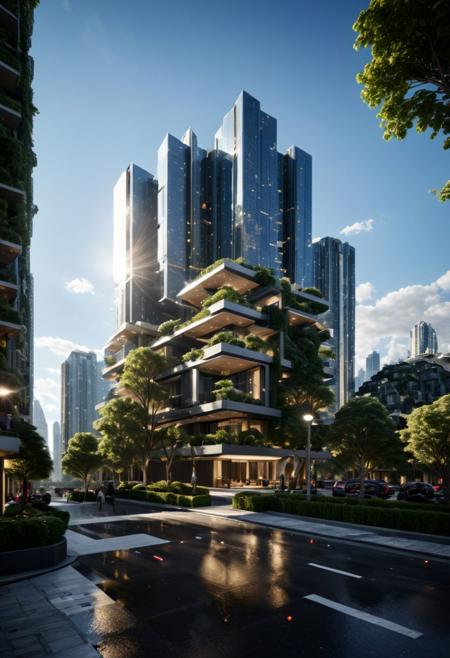 (((Modern style architecture, housing, luxury residence))),
outdoors, sky, tree, blue sky, no humans, ground vehicle, building, scenery, reflection, city, cityscape, bare tree, skyscraper, real world location,
(Large Files, Ultra Realistic, 8K, 16k, FHD, HD, VFX, Perfect, Photography, composition, Architecture Sales Photography, Architecture Competition, Ultra High Resolution, Cinematography, High Resolution Image:1.1), (dramatic lighting, direct sunlight, ray tracing, clear shadow:1.2), (real landscape:1.1), (blurred background:1.0), (urban background, more_details)  
(avant-garde, future, reality, science fiction, photorealistic), (modern architecture:1.2), White limestone with black granite, fountain, waterfall, landmark, square, path, narrow street,
(Large Files, Ultra Realistic, 8K, 16k, FHD, HD, VFX, Perfect, Photography, composition, Architecture Sales Photography, Architecture Competition, Ultra High Resolution, Cinematography, High Resolution Image:1.1), (dramatic lighting, direct sunlight, ray tracing, clear shadow:1.2),  (real landscape:1.1), (blurred background:1.0), (urban background, more_details) ,
great lighting, extremely detailed, clear, SteamPunk, futuresurban
