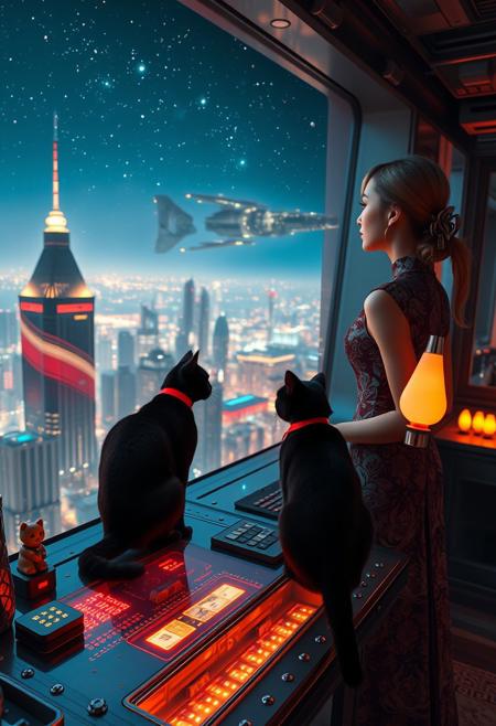 A sleek black cat with red collar sits on a cluttered metal riveted desk with transparent top and micro-LED lighted computer components visible inside, On the desk are a maneki neko statue and a lava lamp, the Black Cat is looking out of a seamless and futuristic floor to ceiling window that looks out at the lights of enormous buildings and cities far below, (((a beautiful woman, 24 years old, is standing next to the desk the cat is sitting on and looking longingly out the window, the woman is dressed in an ornate elegant Chinese style dress. An enormous deco-cyberpunk starship with futuristic lighting and an enormous space station are visible in the background among the stars, The woman's hair is elegantly tied up with a ribbon. Artistic cyberpunk, dynamic perspective, (((overall architectural aesthetic is Art Deco Cyberpunk))).  Epic image that elicits a feeling of wonder and awe, part of the interior is visible,