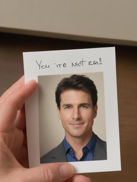 phone camera photo of TOM CRUISE holding a pice of paper with handwritten text ''YOU'RE NOT REAL''