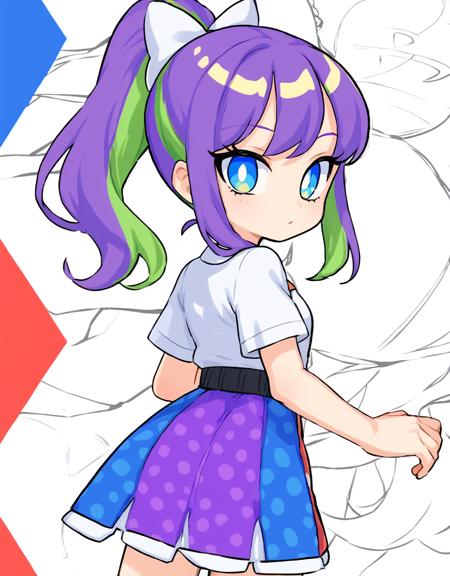 maho, white pupils, multicolored purple hair, ponytail,