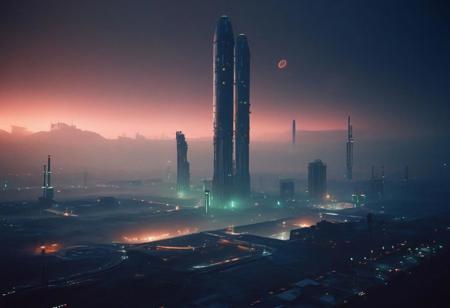 Cyberpunk style city, tall neon skyscrapers, ecumenopolis, sci-fi aesthetics, film photography style, a moody picture of Gas Giant alien landscape composed primarily of hydrogen and helium, with no solid surface and a thick atmosphere (with a tall cylinder spaceport in the background:1.2), cloudy weather, at dawn, dim lit, foggy, muted colors, hazy, vintage, analog style, Busy crowded city strret, City<lora:SDXL_FILM_PHOTOGRAPHY_STYLE_Alphav0.2:1>