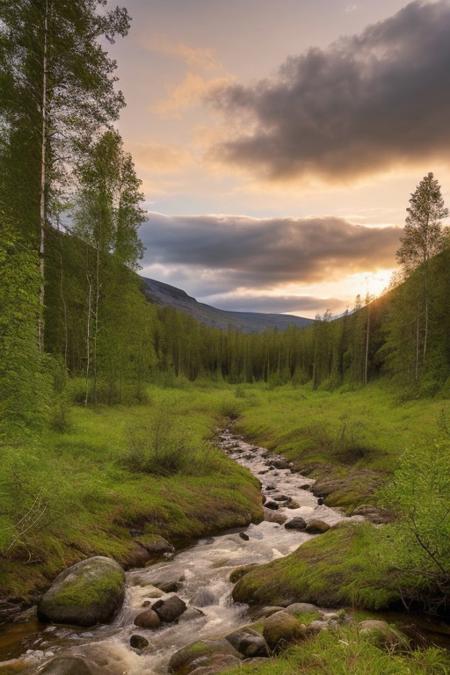 masterpiece, high quality, vivid colors, analog photo, Norway, pristine nature, wild, desolate forest path, primeval sunset, bright clouds, epic sky, primeval landscape, summer forest river, colorful scenery, realistic, beautiful atmosphere, fantasy photo, dense humid, 8k,
