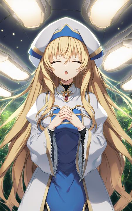 sdxl-gs-priestess blonde hair, very long hair, sidelock, bang hair, between eyes, blue eyes, medium breasts black underwear, white headwear, white long robe center blue, mluticolor wear, puffy sleeves, long sleeves, hime-sode frills, white thigh boots, holding staff