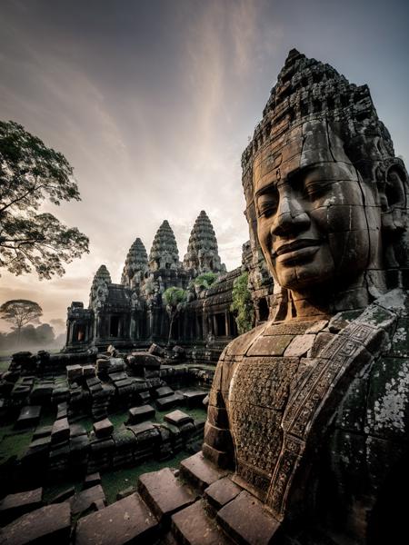 langscape of angkorwat at dawn, monk, ruins, temple, statue, most, tree, root, stone, epic, dim light <lora:ARWangkorwat:1>, <lora:add_detail:0.5>
