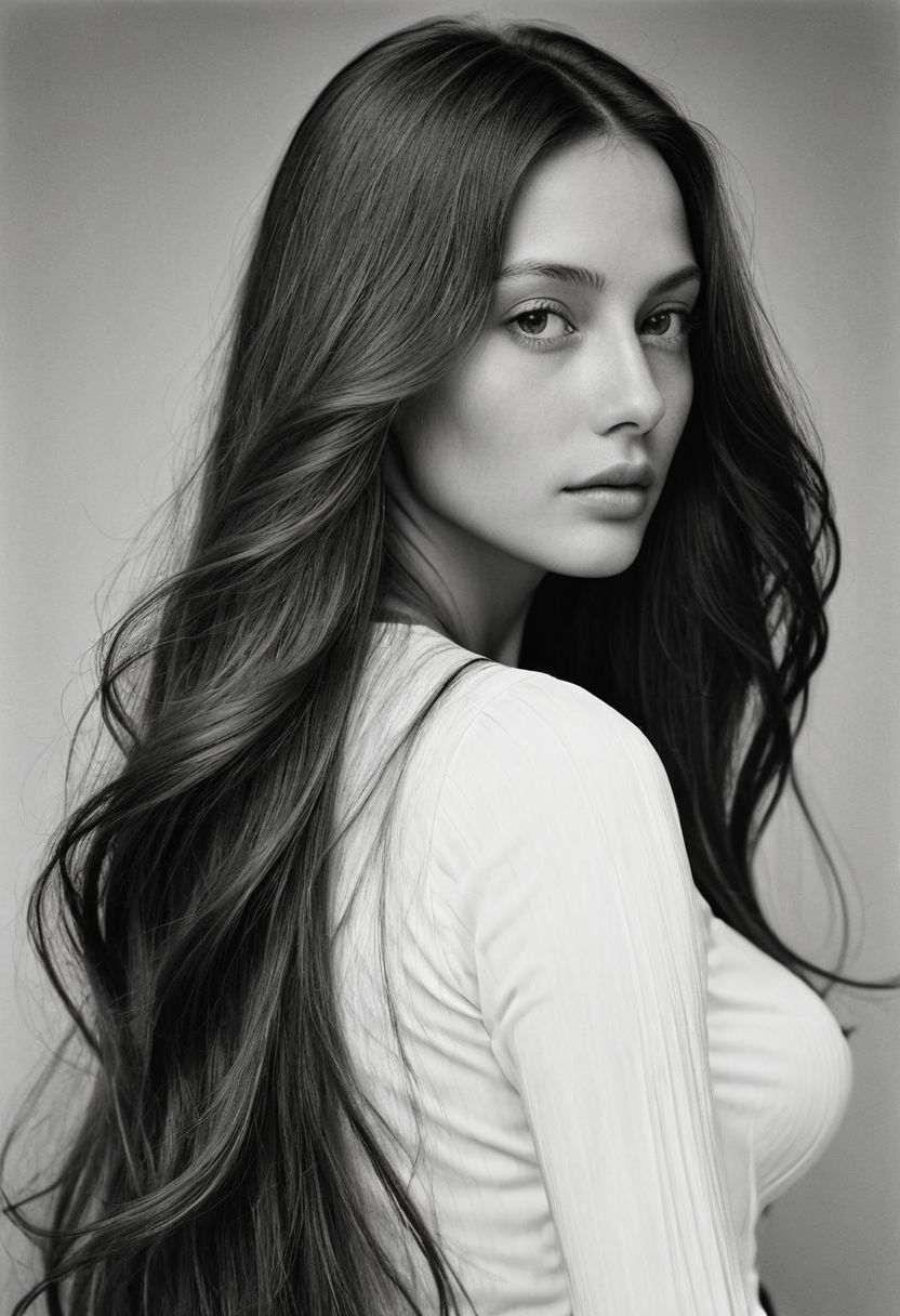 Extremely beautiful woman,very long hair, masterpiece,  1960s tyle portrait photograph by Richard Avedon, Rolleiflex medium format tlr
