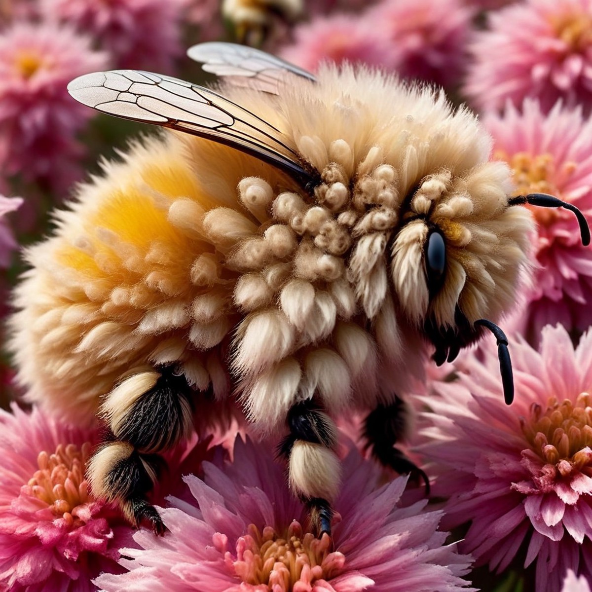 A fluffy bee with yellow and black stripes is seen sitting on pink flowers.