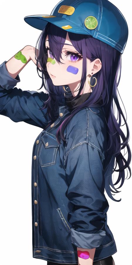 1girl, bandaid, bandaid on face, bandaid on nose, blue hair, blue headwear, earrings, from side, hair between eyes, hat, jacket, jewelry, long sleeves, looking at viewer, looking to the side, medium hair, sideways glance, solo, stud earrings, violet eyes, <lora:mika_locon_v1d:0.7>