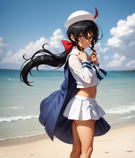 masterpiece,, full body, standing
standing,,beach,day,sunlight, from behind, ,look at viewer,
 <lora:oginV1:0.6>,ogin,girls und panzer,1girl, smoking pipe, solo, dixie cup hat, hat, skirt, long hair, hair over one eye, navel, school uniform, midriff, black hair, eyes visible through hair, coat, hand in pocket, pleated skirt, hat feather,black coat, dark skin, military hat, open coat, sailor, long sleeves, white skirt, dark-skinned female, holding, smile, white headwear, holding smoking pipe, shirt, neckerchief, black eyes, white shirt, miniskirt, bangs, cowboy shot, ponytail, blue eyes, closed mouth, bow, hair bow, sailor collar, red bow, open clothes, blouse