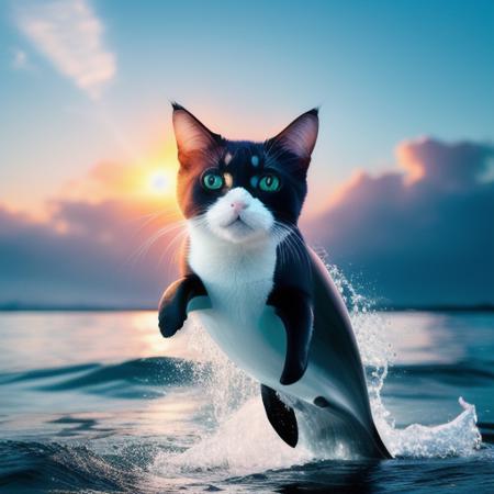 A photo of a cute dolphin-cat hybrid jumping from the sea, god light, cat face, dolphin body, bold natural colors, wide angle view,  masterpiece, trending on artstation, photograph, award-winning, documentary, wildlife, 8k