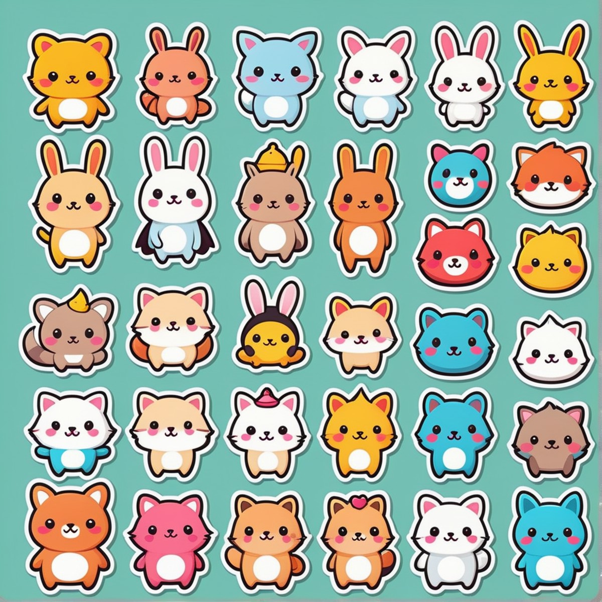 Design a collection of cute kawaii stickers with different fun motifs and figures. Cute cartoon animals kawaii funny splas...