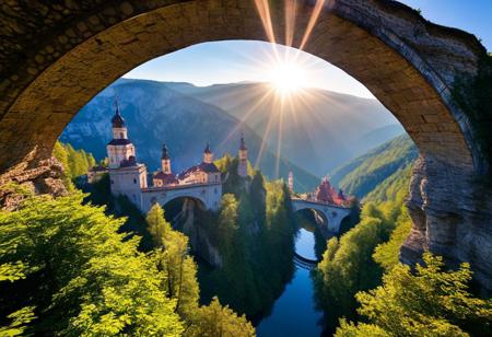towers ringed in mist, sunrays, mixed media, surrealism, fantasy, great lighting, vibrant colors, dramatic perspective, A surreal landscape highly detailed, extremely high-resolution details, appears trapped in an optical illusion of reflections and refractions colorful, Zhangjiajie mountains,  Vienna in contemporary Austria, stone bridges, winding rivers extending to the horizon, professional photography, natural lighting, volumetric lighting maximalist. vivid, vibrant colors, intricately detailed, complex, elegant, expansive, fantastical, film photography style, medium grain, cmnt
 (8k uhd:1,4)