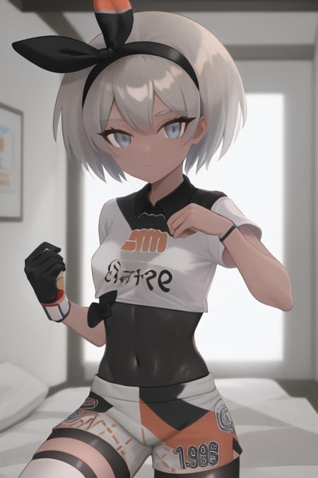 masterpiece, best quality, highres,  <lora:BeaPokemon:1>, 1girl, solo, gloves, shorts, bodysuit under clothes, hairband, bodysuit, short sleeves, single glove, shirt, black hairband, print shirt, black bodysuit, collared shirt, looking at viewer,  closed mouth, bow hairband, tied shirt