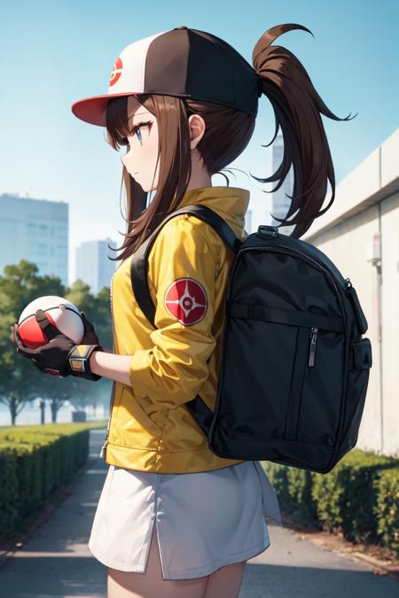 (extremely detailed CG unity 8k wallpaper),(masterpiece),(best quality),(ultra-detailed),(best illustration),(best shadow),(absurdres),  <lora:Female_PokemonGO-00040:0.7>Trainer, 1girl, hat, female protagonist (pokemon go), fingerless gloves, solo, gloves, poke ball, ponytail, poke ball (basic), baseball cap, holding, long hair, holding poke ball, brown hair, backpack, black gloves, bag, cropped jacket, black hair, profile