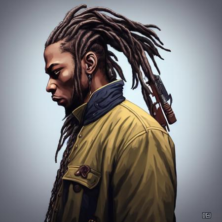 a picture of a man with dreadlocks and a jacket on holding a gun in his hand and looking at something