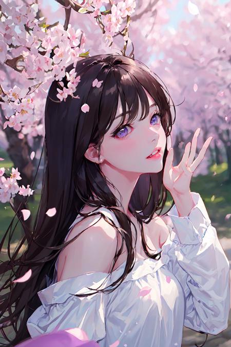 masterpiece, intricate detail,best quality,  <lora:BM94199:0.8>1girl, solo, long hair, cherry blossoms, looking at viewer, parted lips, black hair, bangs, white shirt, upper body, shirt, long sleeves, petals, outdoors, day, off shoulder, blurry, teeth, bare shoulders, blue eyes, flower, purple eyes, brown hair, hand up