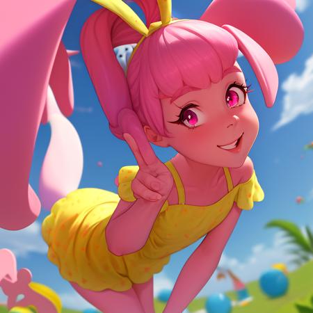 (masterpiece:1.4), (best quality:1.4), (high resolution:1.4), cartoon style, Panini (Chowder) <lora:Panini (Chowder):0.5>, smile, pink rabbit ears, rabbit tail, pink hair, low-angle camera, yellow summer dress, pink fur, ravvit face, bright eyes, small breasts, dynamic pose, solo, 1girl, character focus <lora:add_detail:0.3>