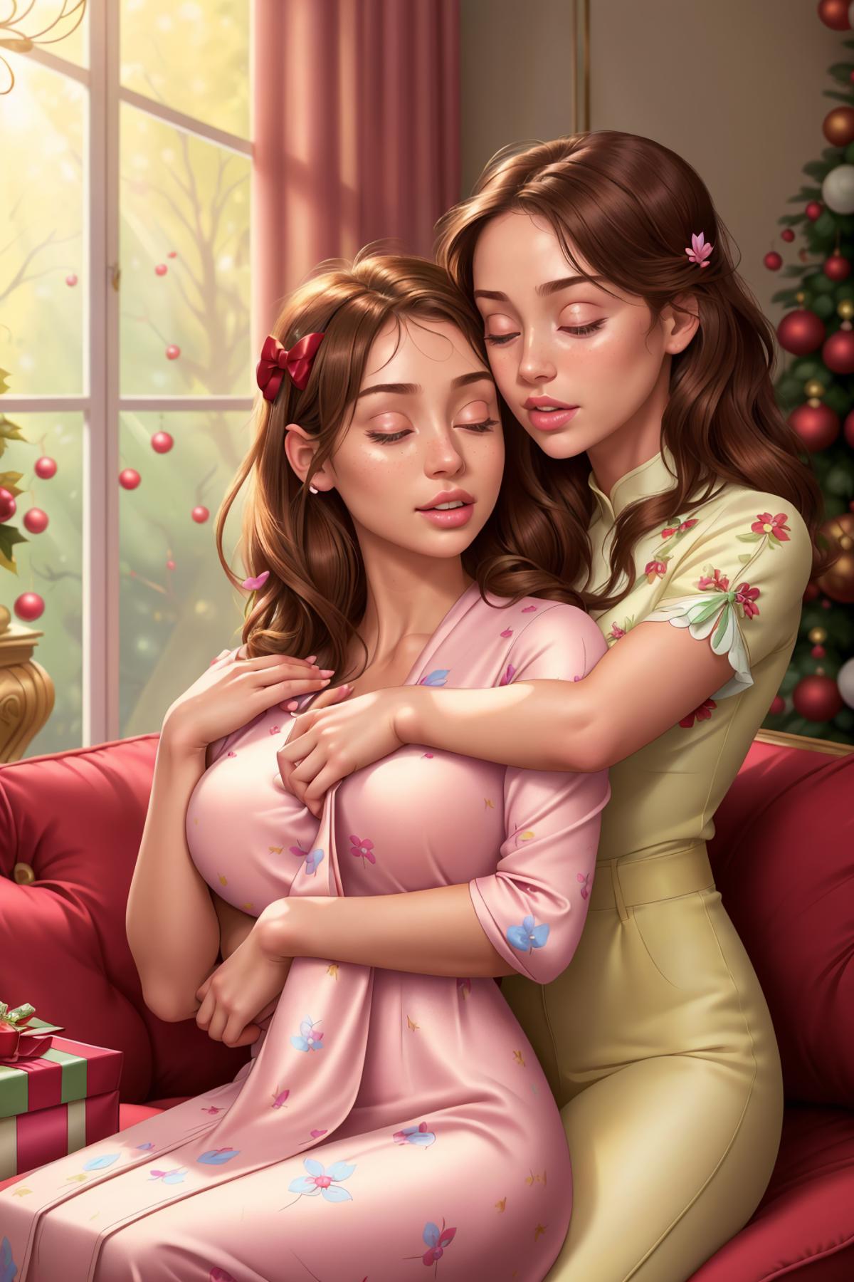 Two women in pajamas hugging in front of a Christmas tree.