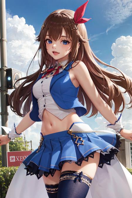 masterpiece, best quality, highres, 1girl, tokino sora, virtual youtuber, skirt, blue vest, shirt, long hair, red ribbon, blue eyes, ribbon, brown hair, sleeveless, cropped shirt, hair flaps, white shirt, hair ornament, sleeveless shirt, thighhighs, blue skirt,  pleated skirt, cropped vest, hair ribbon, vest, navel, blue thighhighs, midriff, miniskirt, wrist cuffs, star hair ornament, thigh ribbon, waist cape, collared shirt, hairclip, crop top, bangs, neck ribbon, leg ribbon, breasts, bare shoulders, <lora:tokino_sora_v2:0.6>, outdoors,  ulzzang-6500-v1.1