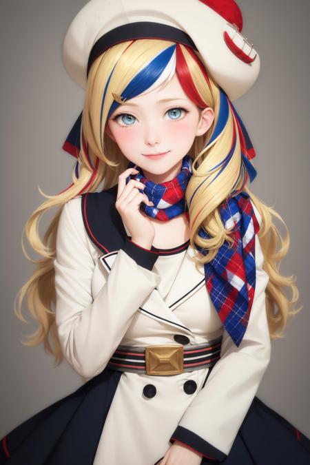 (masterpiece, best quality:1.2), <lyco:kancolle_commandantteste-10:1.0>, cowboy shot, solo, 1girl, commandant teste, smile, closed mouth, looking at viewer, beret, multicolored clothes, jacket, buttons, double-breasted, dress, multicolored scarf