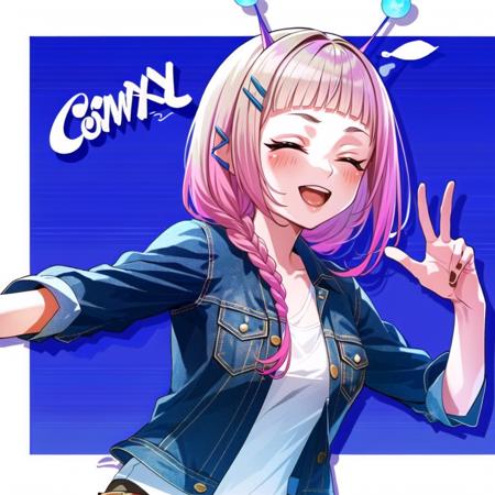 masterpiece, best quality, (1girl, solo),
Tanaka Cosmic Sora, closed eyes, braid, 1girl, denim jacket, multicolored hair, smile, pink hair, denim, jacket, blush, gradient hair, long hair, bangs, blunt bangs, antennae, facing viewer, single braid, upper body, solo, shirt, hair over shoulder, blonde hair, hair ornament
<lora:TanakaCosmicSora:0.7>
(((cowboy shot, dynamic pose)))