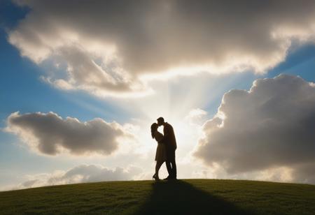 Couple in love kiss on top of a hill under a canopy of white clouds against a bright blue sky, 
the sun's rays filter through the cumulus formations, 
casting a soft glow on their silhouettes, 
lush and green hillside, 
the warmth of the golden hour that permeates the scene, 
ultra realistic, 
golden number, 
dramatic lighting