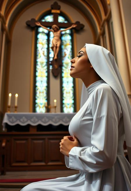 Photo of a  gorgeous latina nun gazing at a crucifix in a church, kneeling, long flowing hair, beautiful closed eyes, long neck, habit, wimple, huge breasts, curvy hips, tiny waist, slender, petite, round ass, bright light, crucifix, altar, parted lips, hands together, praying pose, face up, pov