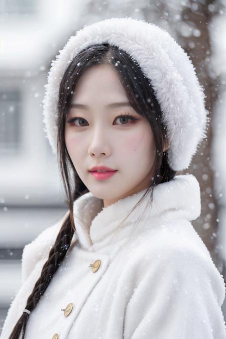 (mature body), (upper body:1.2), nikon RAW photo,8 k, Fujifilm XT3,masterpiece, best quality, realistic, photorealistic, ultra detailed, extremely detailed face, solo,1girl, standing, fashionable and trendy atmosphere, and a stylish expression on her face, close up, (narrow waist), white snow witch, wearing eskimo, snow, snowflakes,