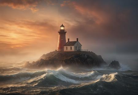 the lighthouse in mist at sunset art print by scott smith and allan brown, in the style of lucy glendinning, michal karcz, kerem beyit, post processing