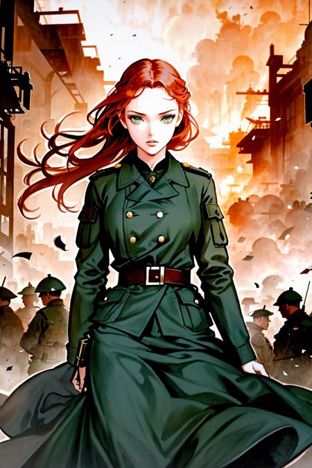 Generate a visually striking scene of the utmost quality and resolution, featuring a captivating redhead with mesmerizing green eyes as the central protagonist. Set her amidst the chaos of a wartime backdrop, capturing the intensity, emotions, and intricacies of the conflict in exceptional detail. This image should be a masterpiece that combines the enchanting beauty of the protagonist with the dramatic narrative of a war-torn world