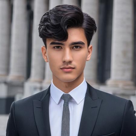 A very handsome 20 year old  man, tall, athletic, with short black hair in an elegant hairstyle, smart, formally and elegantly dressed. (Seen from front:1.8)    (masterpiece) (best quality) (detailed) (8k) (HDR)