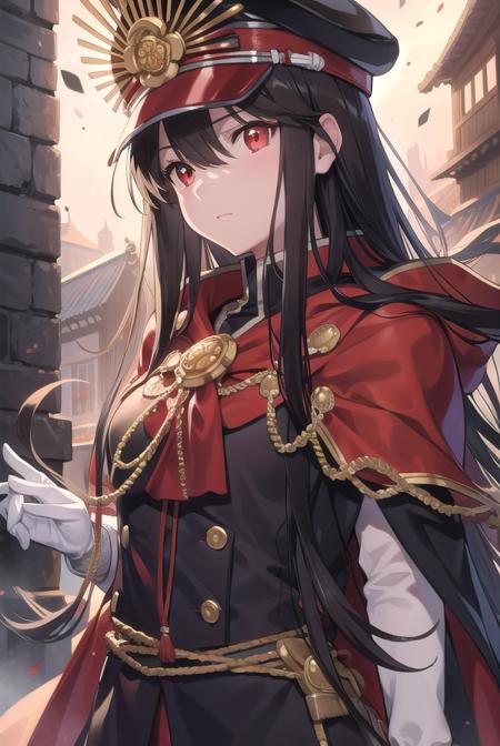 odanobunaga, <lora:odanobunaga-lora-nochekaiser:1>, 
oda nobunaga, black hair, long hair, (red eyes:1.5),
BREAK chain, cloak, family crest, gloves, grey gloves, hat, military, military hat, military uniform, peaked cap, uniform,
BREAK looking at viewer,
BREAK outdoors,
BREAK <lyco:GoodHands-beta2:1>, (masterpiece:1.2), best quality, high resolution, unity 8k wallpaper, (illustration:0.8), (beautiful detailed eyes:1.6), extremely detailed face, perfect lighting, extremely detailed CG, (perfect hands, perfect anatomy),