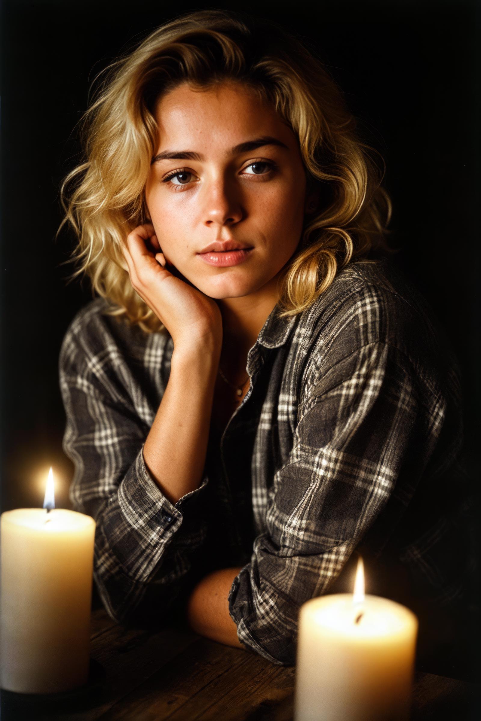 A woman with blonde hair, wearing a plaid shirt, is posing in front of two lit candles.